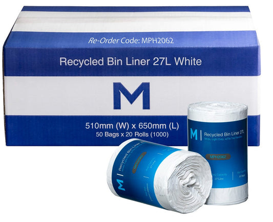 POR Recycled Bin Liner w/Handles 27L - White, 510mm x 650mm x 15mu (Per 1000 Bags/Box)