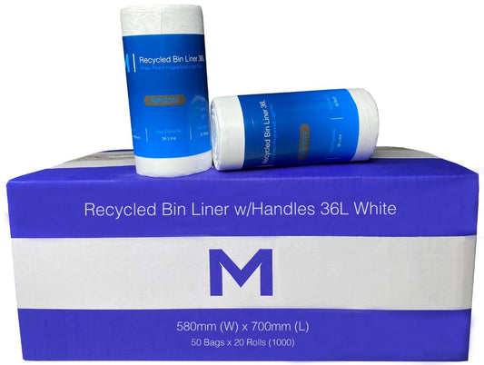 POR Recycled Bin Liner w/Handles 36L - White, 580mm x 700mm x 15mu (Per 1000 Bags/Box)
