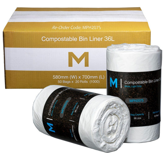 POR Compostable Bin Liner 36L - White, 580mm x 700mm x 15mu (Per 1000 Bags/Box)