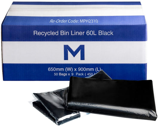 FP Recycled Bin Liner 60L - Black, 650mm x 900mm x 30mu (Per 450 Bags/Box)