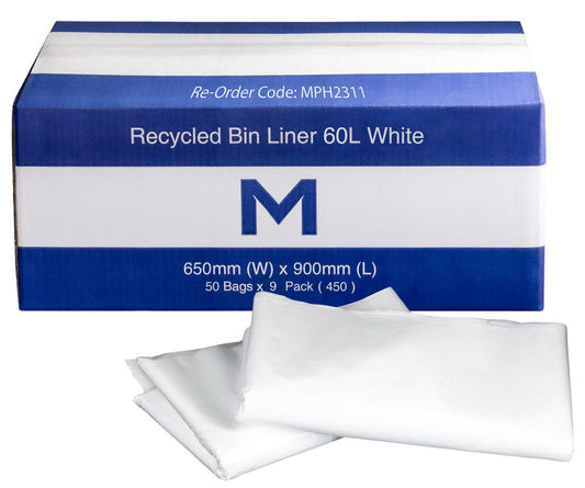 FP Recycled Bin Liner 60L - White, 650mm x 900mm x 30mu (Per 450 Bags/Box)