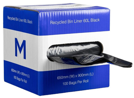 DB Recycled Bin Liner 60L - Black, 650mm x 900mm x 30mu (Per 100 Bags/Box)