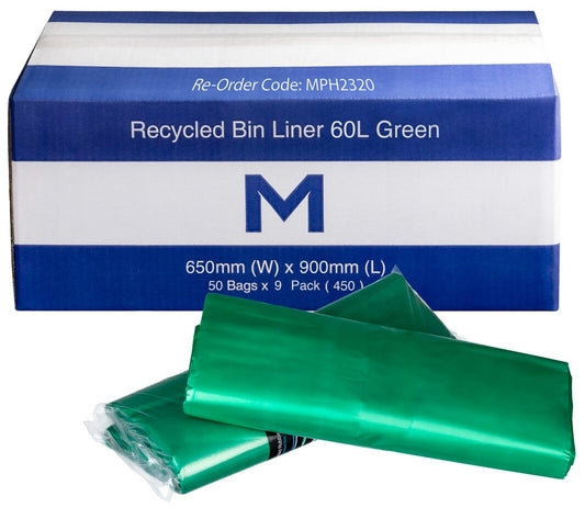 FP Recycled Bin Liner 60L - Green, 650mm x 900mm x 30mu (Per 450 Bags/Box)