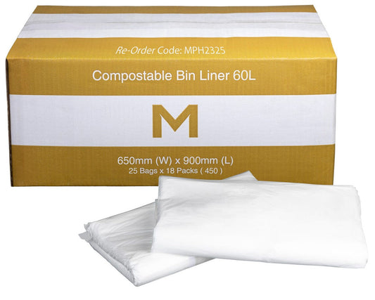 FP Compostable Bin Liner 60L - White, 650mm x 900mm x 30mu (Per 450 Bags/Box)
