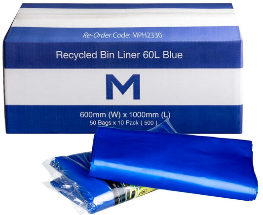 FP Recycled Bin Liner w/Handles 60L - Blue, 600mm x 1000mm x 30mu (Per 500 Bags/Box)