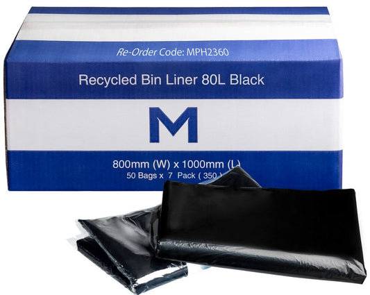 FP Recycled Bin Liner 80L - Black, 800mm x 1000mm x 30mu (Per 350 Bags/Box)