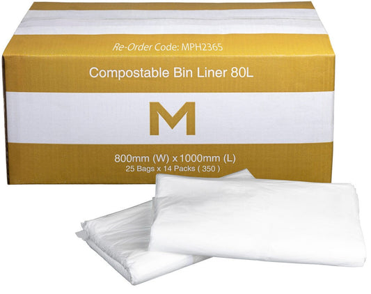 FP Compostable Bin Liner 80L - White, 800mm x 1000mm x 30mu (Per 350 Bags/Box)