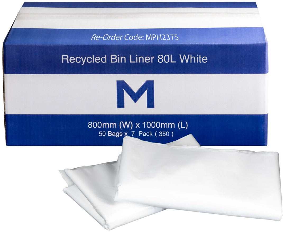 FP Recycled Bin Liner 80L - White, 800mm x 1000mm x 30mu (Per 350 Bags/Box)