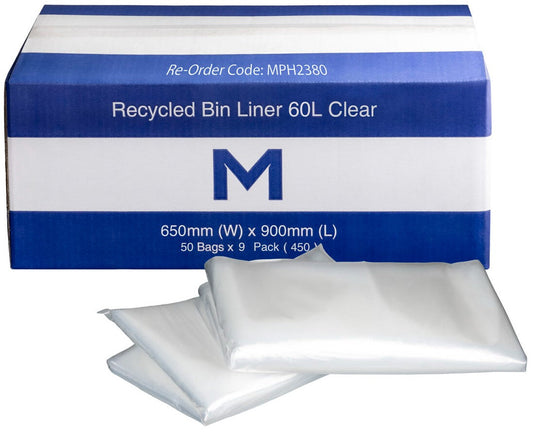 FP Recycled Bin Liner 60L - Clear, 650mm x 900mm x 30mu (Per 450 Bags/Box)