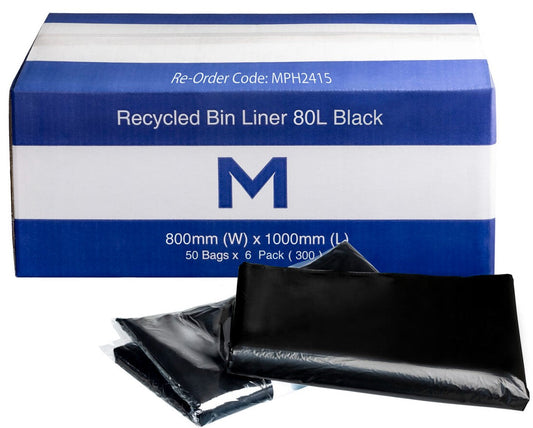 FP Recycled Bin Liner w/Handles 80L - Black, 800mm x 1000mm x 30mu (Per 300 Bags/Box)