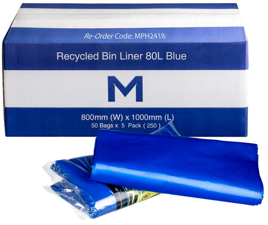FP Recycled Bin Liner w/Handles 80L - Blue, 800mm x 1000mm x 40mu (Per 250 Bags/Box)