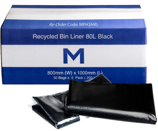 FP Recycled Bin Liner 80L - Black, 800mm x 1000mm x 40mu (Per 250 Bags/Box)