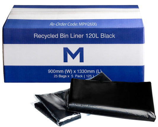 FP Recycled Bin Liner 120L - Black, 900mm x 1330mm x 50mu (Per 125 Bags/Box)