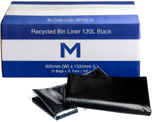 FP Recycled Bin Liner 120L - Black, 900mm x 1330mm x 30mu (Per 200 Bags/Box)