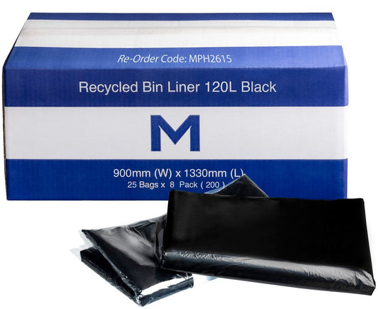 FP Recycled Bin Liner w/Handles 120L - Black, 900mm x 1330mm x 30mu (Per 200 Bags/Box)