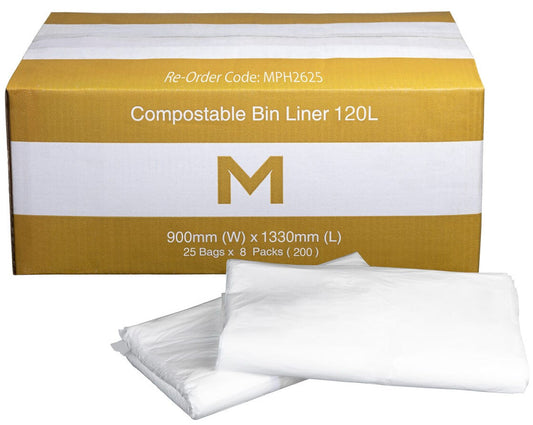 FP Compostable Bin Liner 120L - White, 900mm x 1330mm x 30mu (Per 200 Bags/Box)