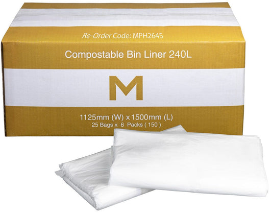 FP Compostable Bin Liner 240L - White, 1125mm x 1500mm x 30mu (Per 150 Bags/Box)