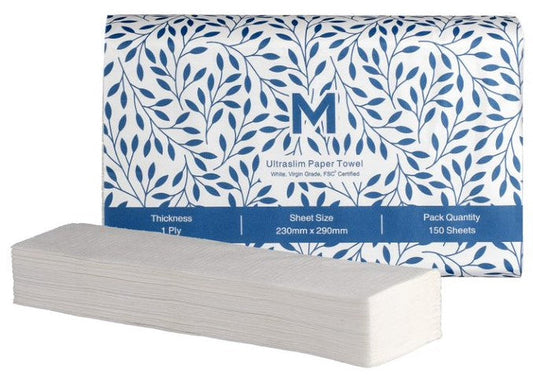 Ultraslim Paper Towel - White, 230mm x 290mm, 1 Ply, FSC Mix® (Per 20 packs 3000 Sheets/Box)