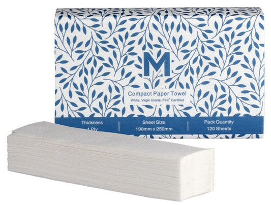Compact Paper Towel - White, 1 Ply, 200mm x 250mm, FSC Mix® (Per 20 packs 2400 Sheets/Box)