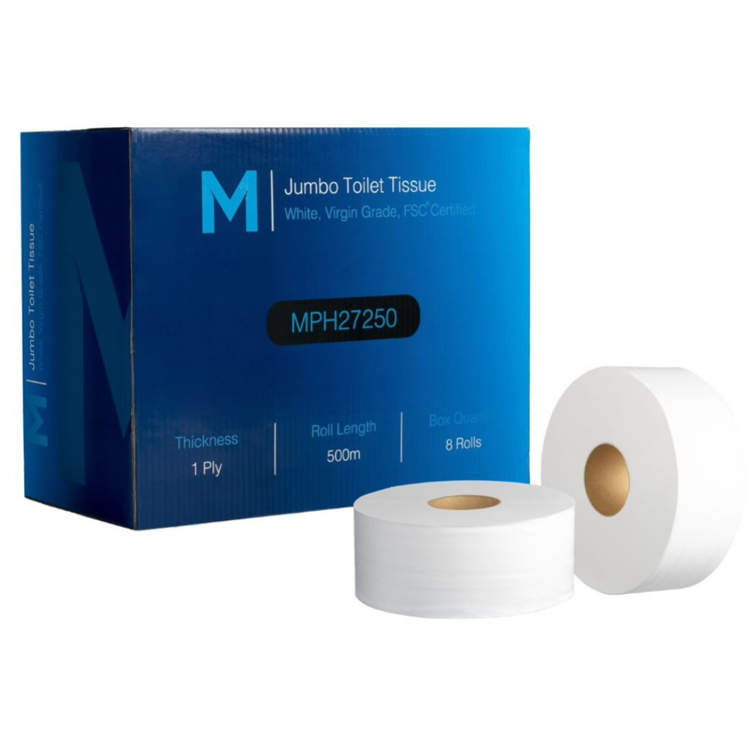 Virgin Jumbo Toilet Tissue Boxed - White, 1 Ply, 500m, FSC Mix® (Per 8 Rolls/Box)
