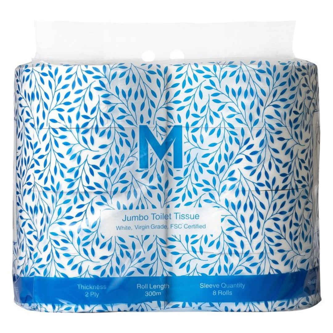 Virgin Jumbo Toilet Tissue Pack - White, 2 Ply, 300m, FSC Mix® (Per 8 Rolls/Pack)