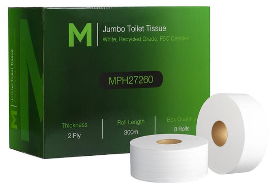 Recycled Jumbo Toilet Tissue Boxed - White, 2 Ply, 300m, FSC Recycled® (Per 8 Rolls/Box)