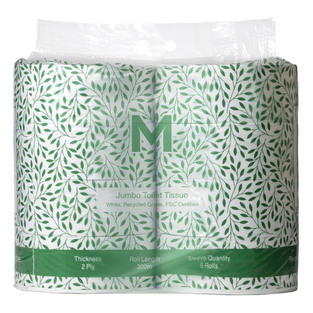 Recycled Jumbo Toilet Tissue Pack - White, 2 Ply, 300m, FSC Recycled® (Per 8 Rolls/Pack)
