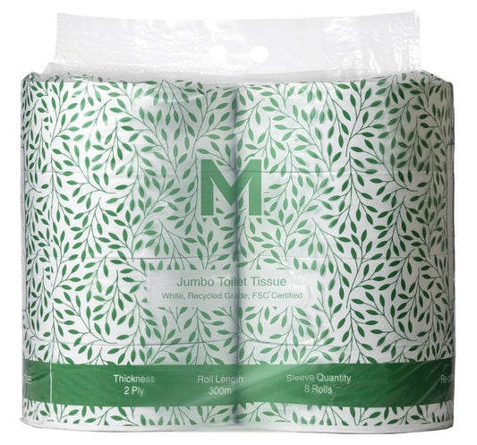 Recycled Jumbo Toilet Tissue Pack - White, 2 Ply, 300m, FSC Recycled® (Per 8 Rolls/Pack)