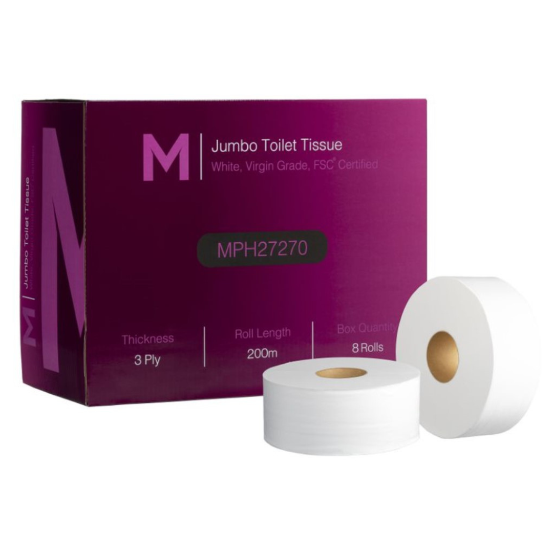Virgin Jumbo Toilet Tissue Boxed - White, 3 Ply, 200m, FSC Mix® (Per 8 Rolls/Box)