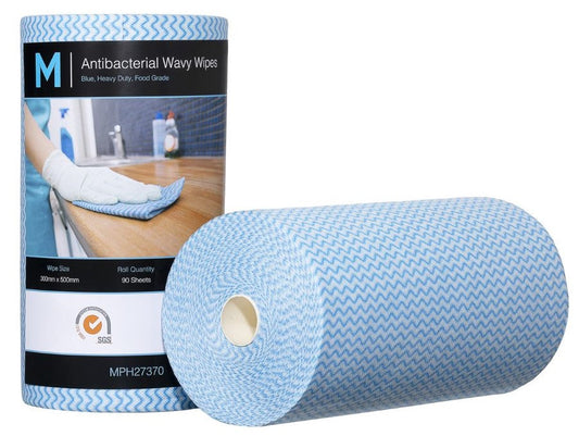 Antibacterial Wavy Wipes - Blue, 300mm x 500mm, 90 Sheets, 80gsm (Per Roll)