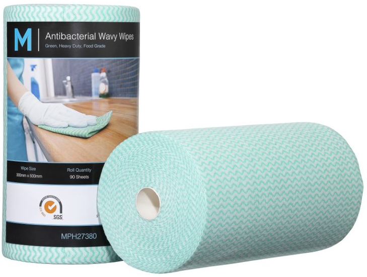 Antibacterial Wavy Wipes - Green, 300mm x 500mm, 90 Sheets, 80gsm (Per Roll)