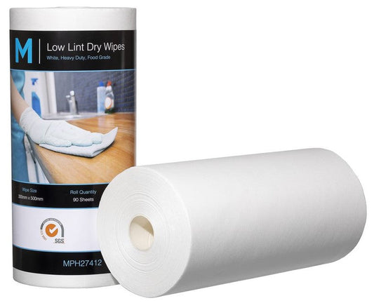 Low Lint Dry Wipes - White, 300mm x 500mm, 90 Sheets, 80gsm (Per Roll)