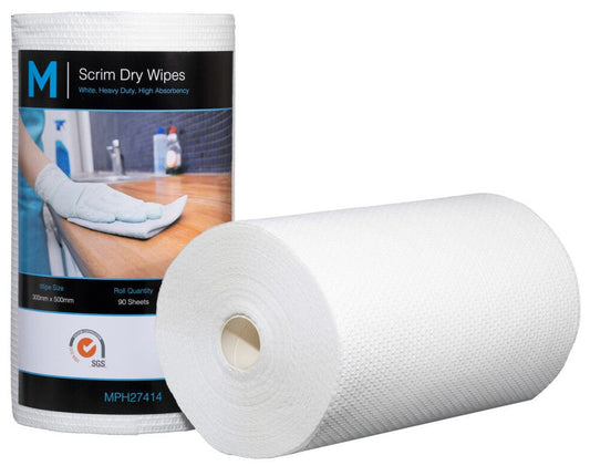 Scrim Hexagonal Dry Wipes - White, 300mm x 500mm, 90 Sheets, 80gsm (Per Roll)