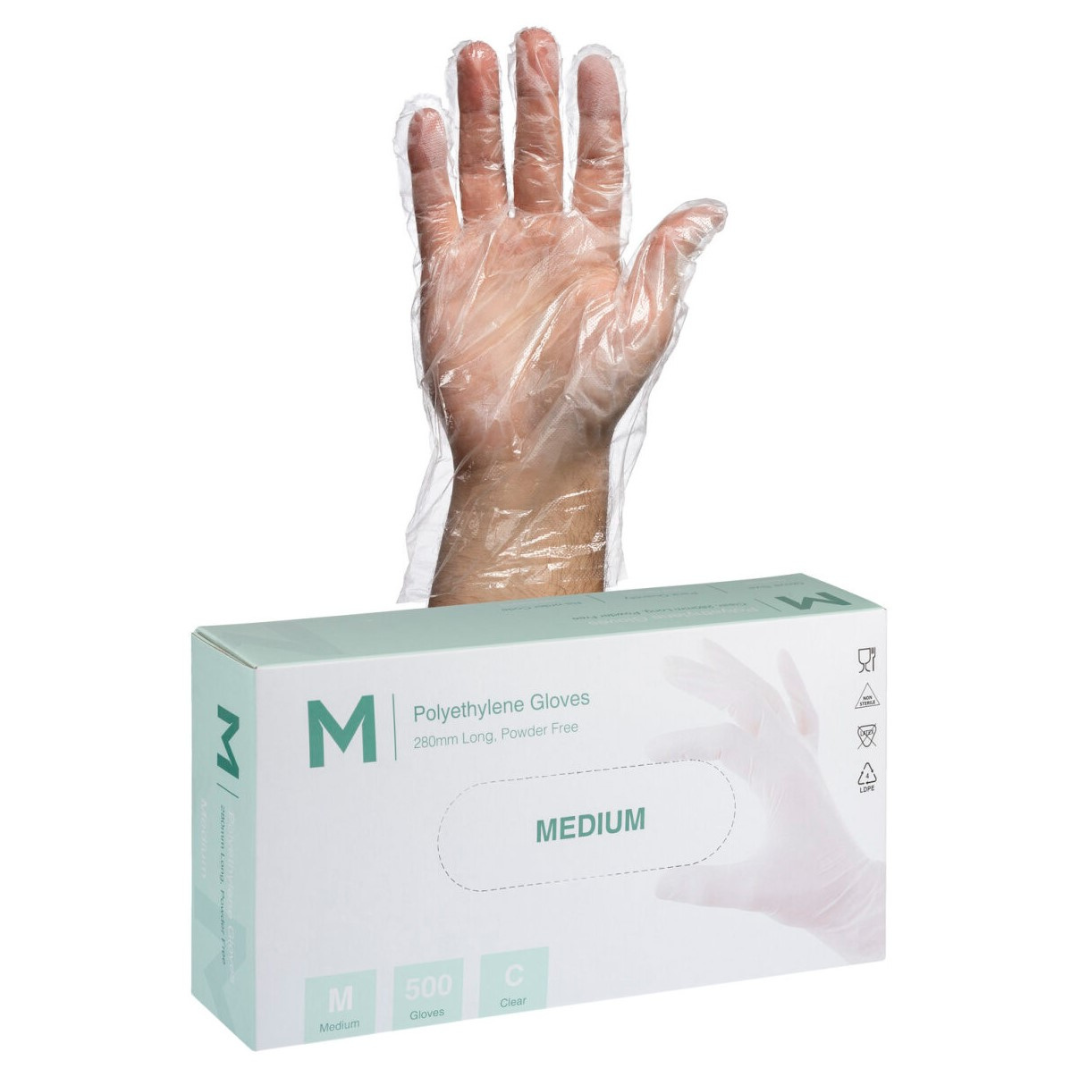 Polyethylene Gloves - Clear, S-M, 240mm Cuff, 1.0g (Per 5000 Gloves/Box)
