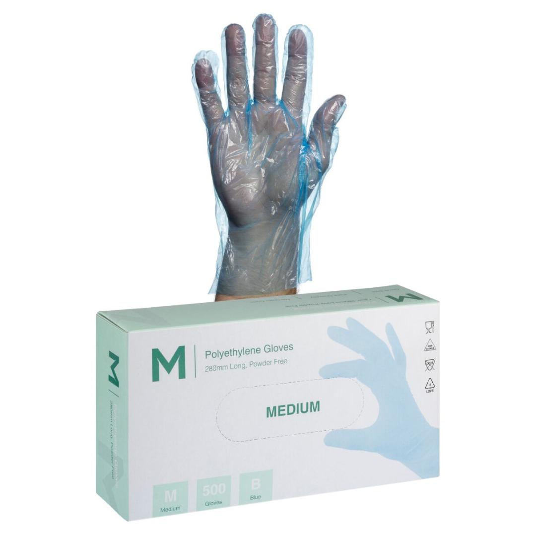 Polyethylene Gloves - Blue, S-M, 240mm Cuff, 1.0g (Per 5000 Gloves/Box)