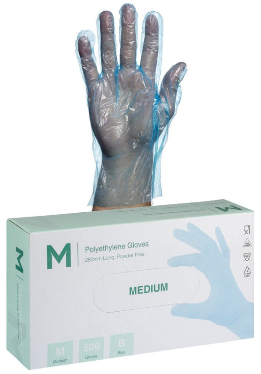 Polyethylene Gloves - Blue, L-XL, 240mm Cuff, 1.0g (Per 5000 Gloves/Box)