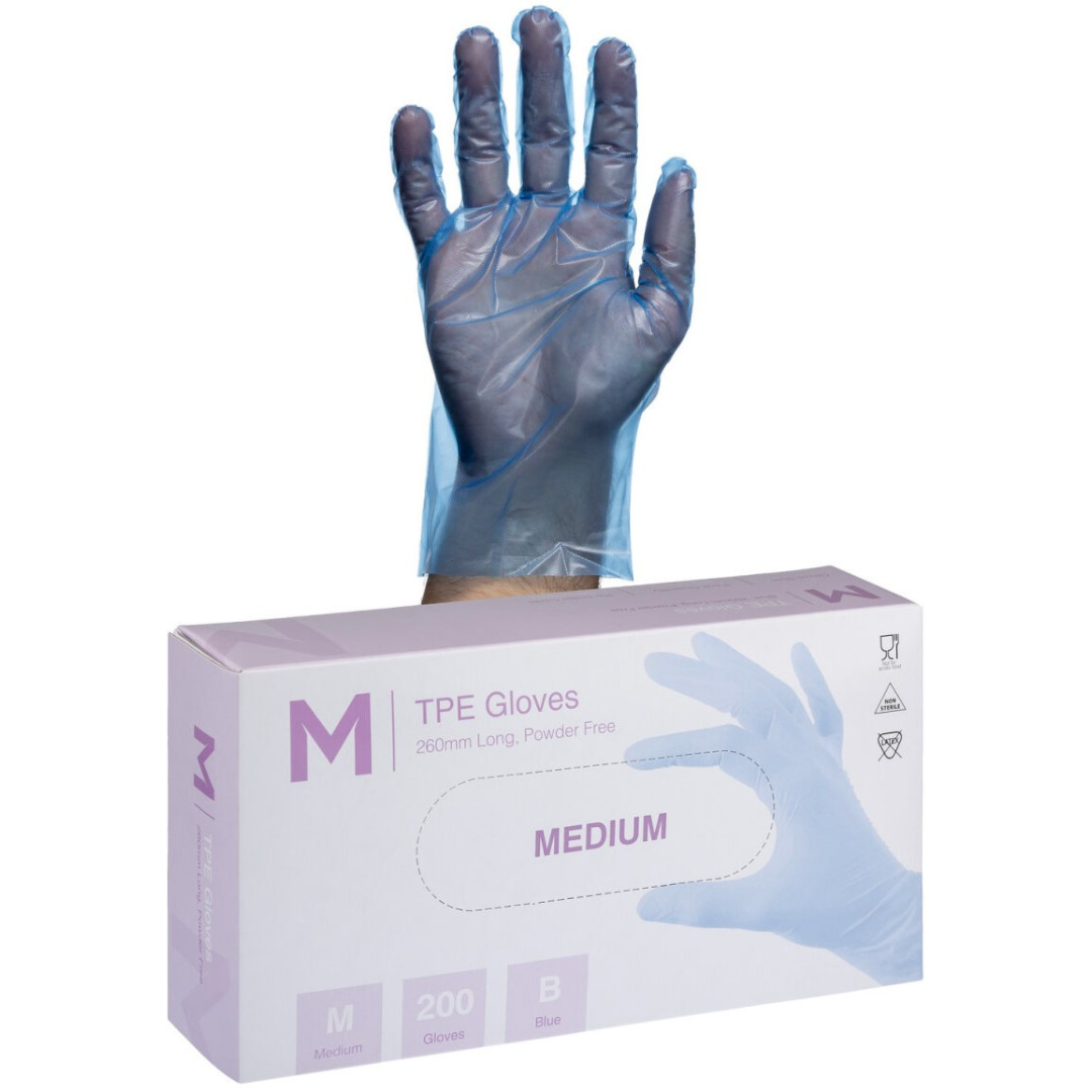TPE Embossed Gloves Powder Free - Blue, M, 240mm Cuff, 2.0g (Per 2000 Gloves/Box)