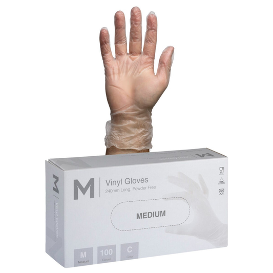 Vinyl Gloves Powder Free - Clear, M, 240mm Cuff, 5.0g (Per 1000 Gloves/Box)