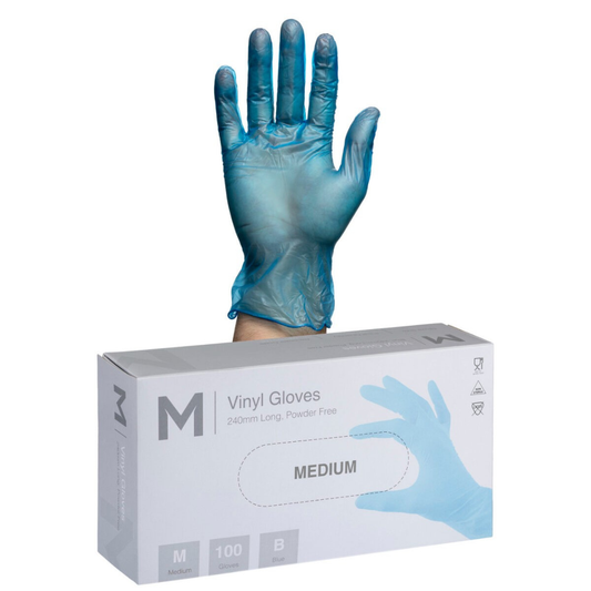 Vinyl Gloves Powder Free - Blue, M, 240mm Cuff, 5.0g (Per 1000 Gloves/Box)