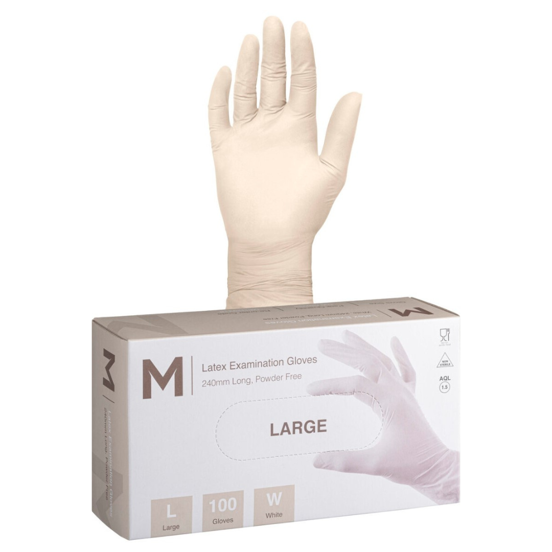 Latex Examination Gloves Powder Free - White, L, 240mm Cuff, 6.0g (Per 1000 Gloves/Box)
