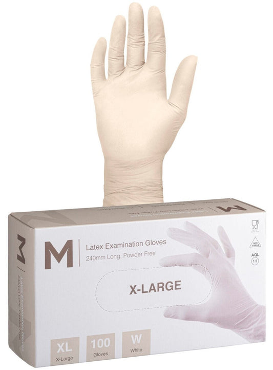 Latex Examination Gloves Powder Free - White, XL, 240mm Cuff, 6.0g (Per 1000 Gloves/Box)