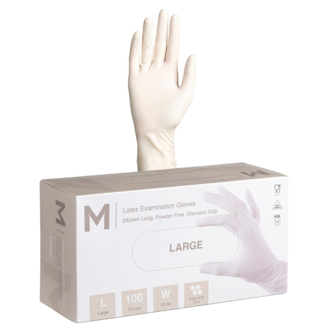 Latex Diamond Grip Examination Gloves Powder Free - White, L, 240mm Cuff, 8.0g (Per 1000 Gloves/Box)