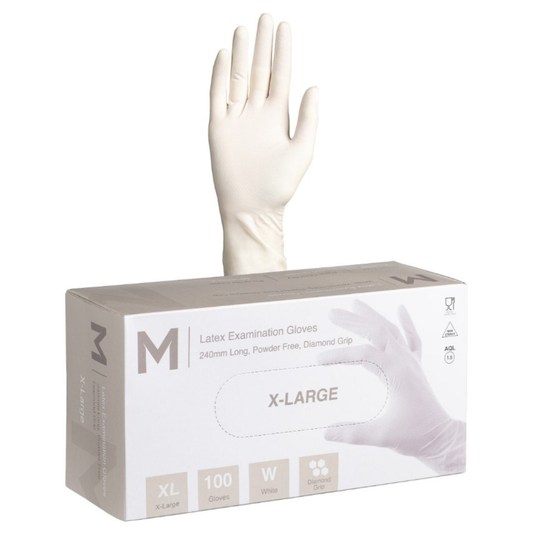 Latex Diamond Grip Examination Gloves Powder Free - White, XL, 240mm Cuff, 8.0g (Per 1000 Gloves/Box)