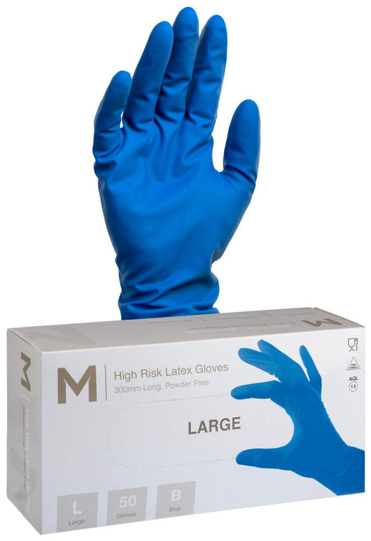 High Risk Latex Examination Gloves Powder Free - Cobalt Blue, L, 300mm Cuff, 18.5g (Per 500 Gloves/Box)