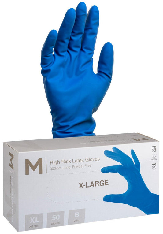 High Risk Latex Examination Gloves Powder Free - Cobalt Blue, XL, 300mm Cuff, 18.5g (Per 500 Gloves/Box)