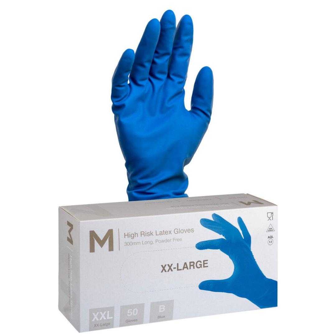 High Risk Latex Examination Gloves Powder Free - Cobalt Blue, 2XL, 300mm Cuff, 18.5g (Per 500 Gloves/Box)