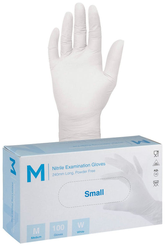 Nitrile Examination Gloves Powder Free - White, S, 240mm Cuff, 5.0g (Per 1000 Gloves/Box)