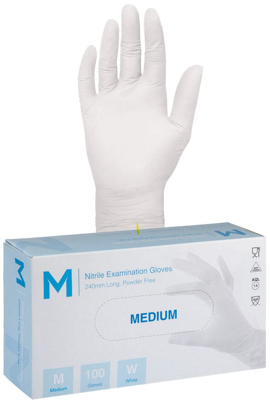 Nitrile Examination Gloves Powder Free - White, M, 240mm Cuff, 5.0g (Per 1000 Gloves/Box)