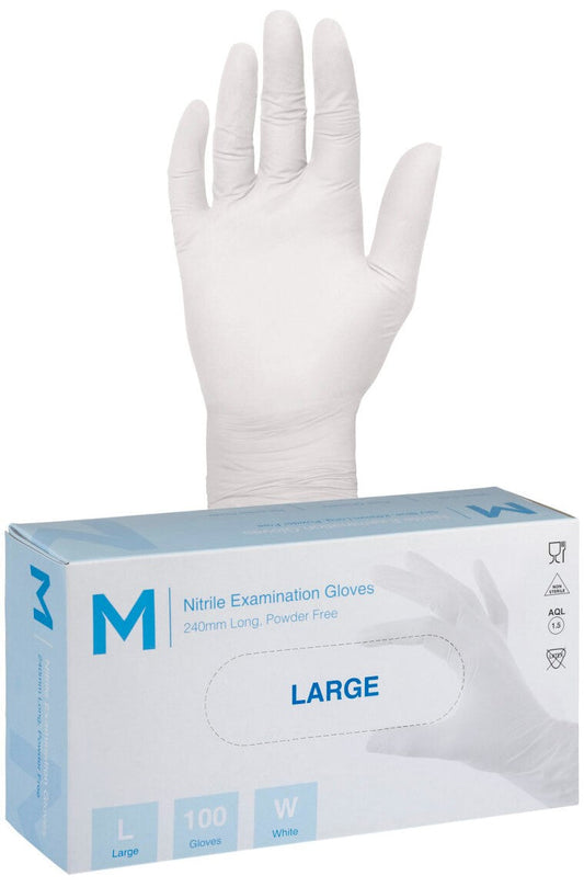 Nitrile Examination Gloves Powder Free - White, L, 240mm Cuff, 5.0g (Per 1000 Gloves/Box)
