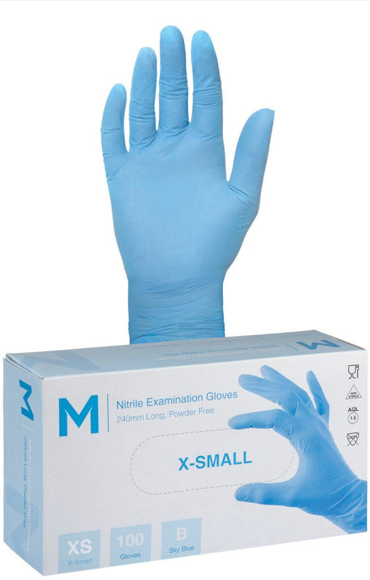 Nitrile Examination Gloves Powder Free - Blue, XS, 240mm Cuff, 5.0g (Per 1000 Gloves/Box)